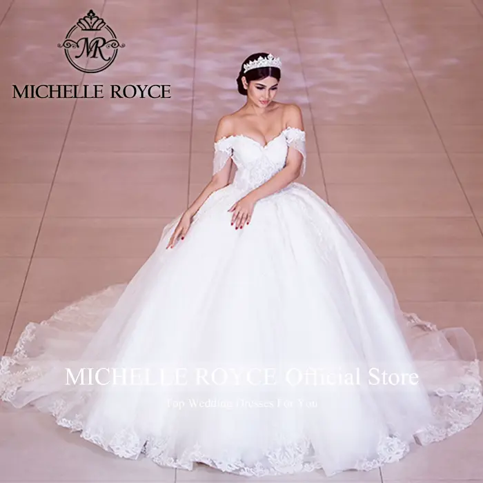 Robe de bal Michelle Royce en polyester et soie avec train royal et décorations de perles et de cristal pour femmes à offrir pour des occasions spéciales