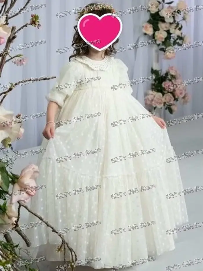 Robe de demoiselle d'honneur unique en tulle à pois, robe de princesse pour mariage, col en dentelle