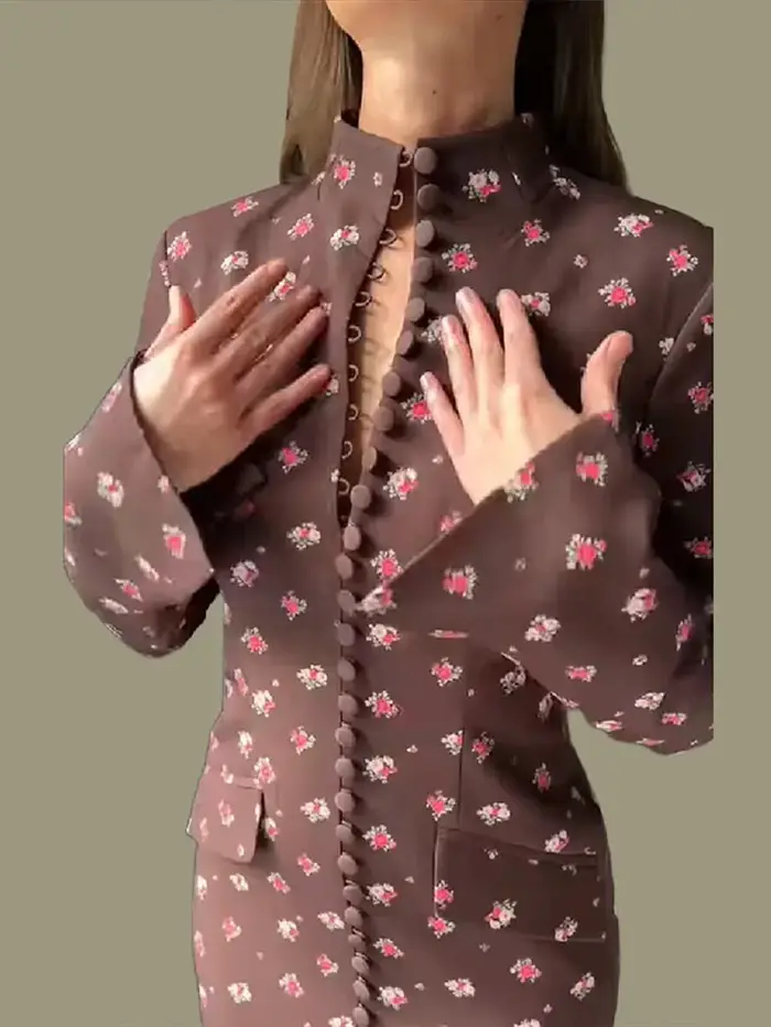 Robe midi tendance à imprimé floral pour femme, chic, à manches longues, boutonnée sur le devant, st
