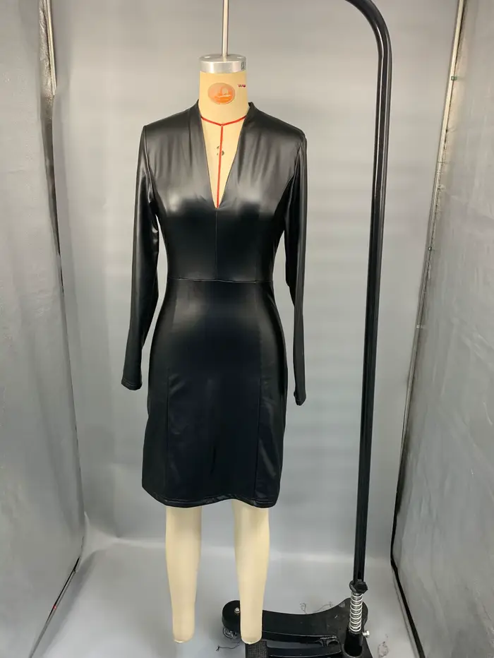 Robe mi-longue en Pu pour femmes, tenue de soirée, Sexy, Y2k, Streetwear, col en V, manches longues, portefeuille, hanche, travail élégant, automne