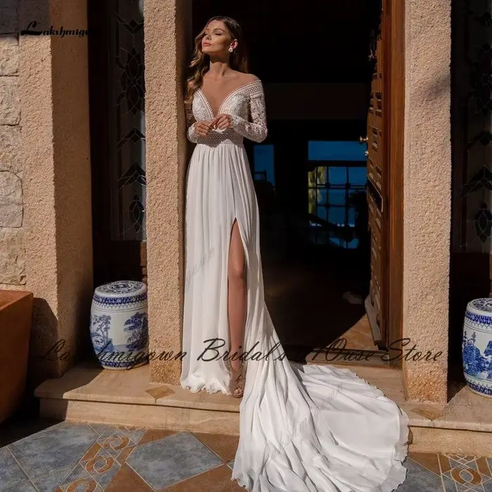 Robe de Mariée Bohème Dentelle Avec Dos Ouvert En Polyester Blanc Pour Femmes Occasions Spéciales Mariages Plage Gala