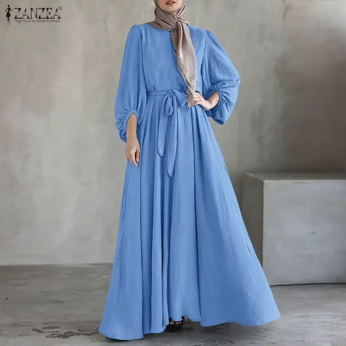 Robe longue modeste ZANZEA pour femme style Abaya col rond manches lanternes ceinture ample pour musulmanes hijab Eid Ramadan Kaftan