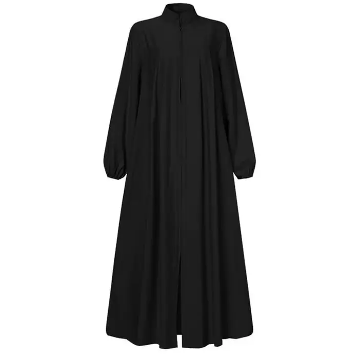 Robe noire musulmane avec petit col montant et poches zippées, élégante, ample et décontractée, à ma