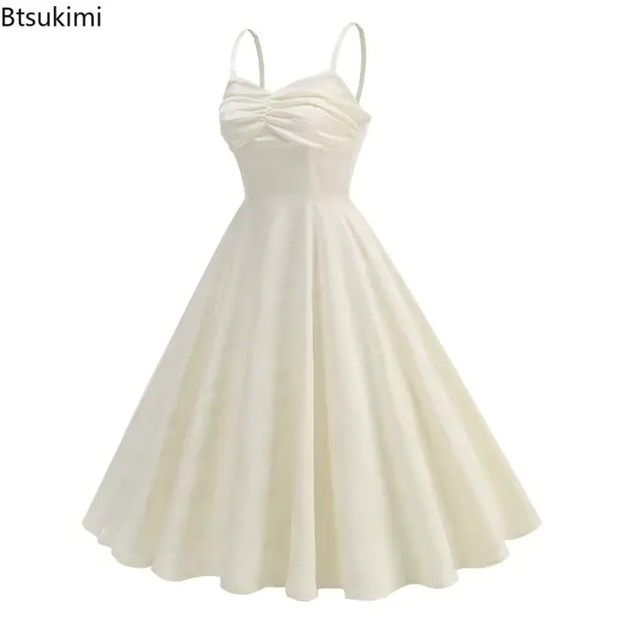 Robe vintage en jacquard blanche style chinois pour soirée de bal, anniversaire, fête, taille haute, froncée, col en V, coupe évasée pour femme occasions spéciales