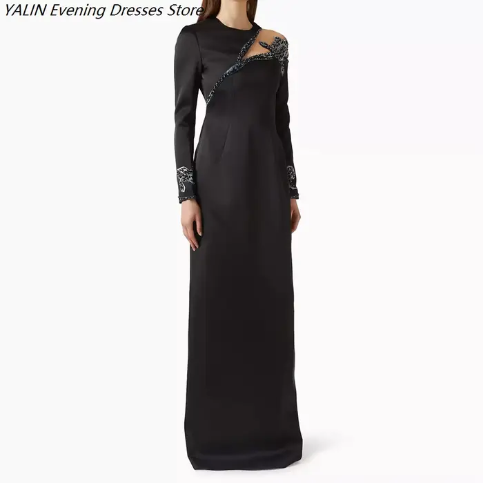 Robes de soirée droites pour femmes, longues jusqu'au sol, col rond, manches longues, robes de bal, 