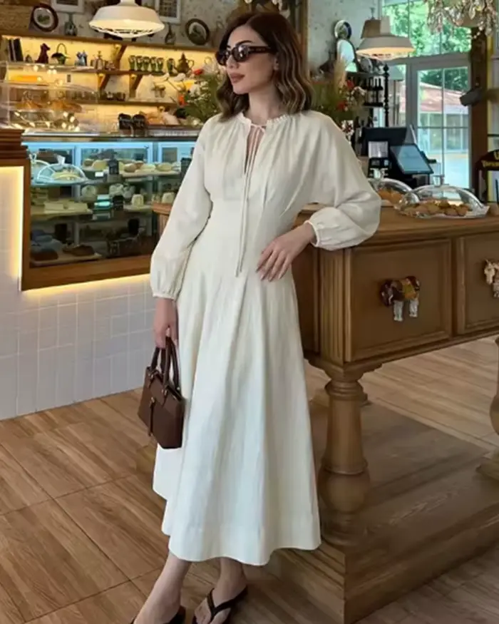 Robe longue plissée ajustée à manches longues femme élégante chic vacances printemps automne polyester Qaoerde occasions spéciales