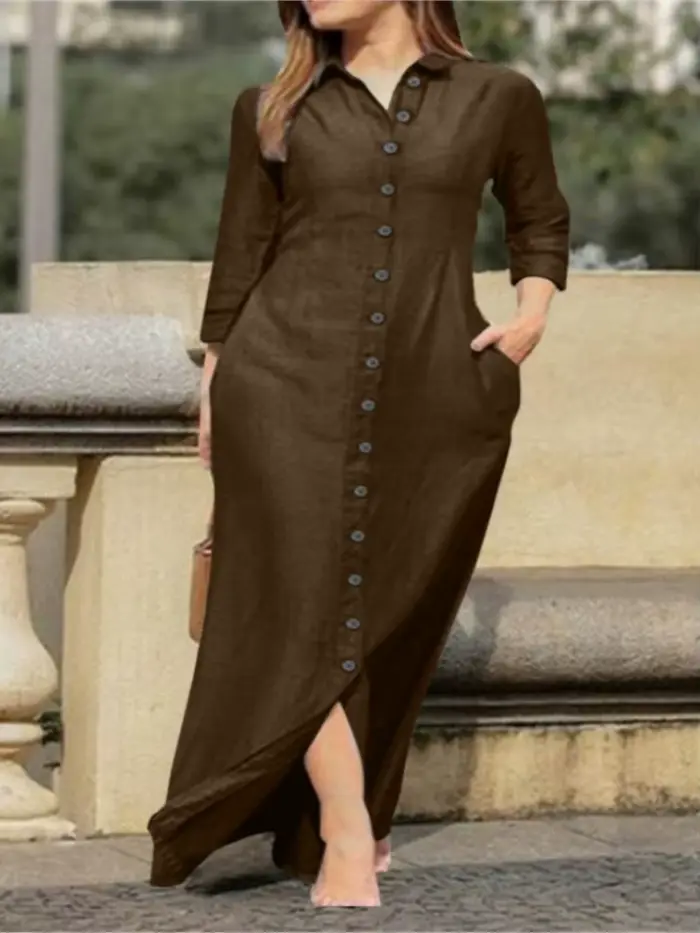 Robe longue élégante pour femmes manches longues couleur unie chemise en coton et lin décontractée boutons printemps automne occasions spéciales