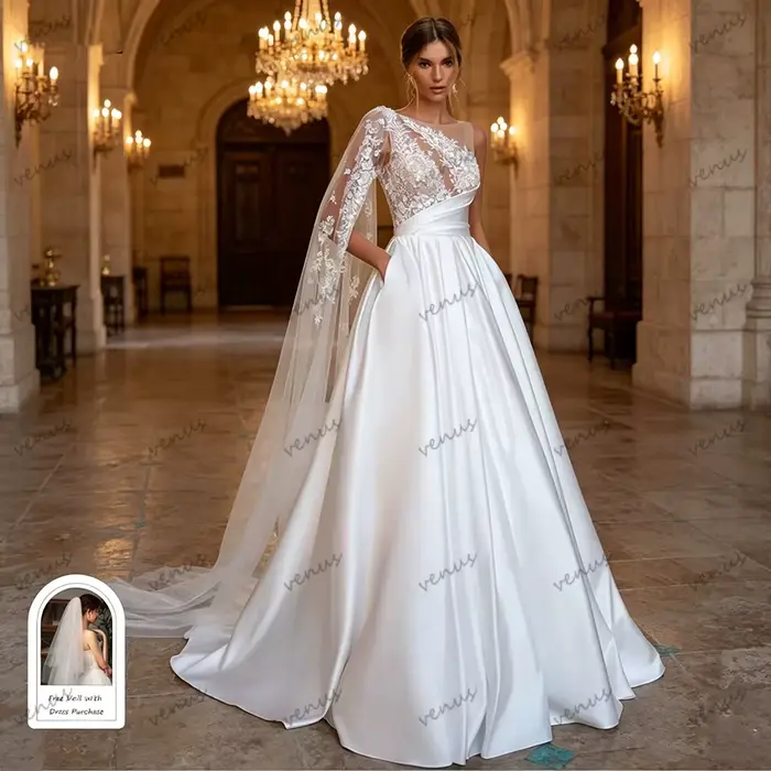 Robes de mariée classiques en satin coupe A-line, robes de mariée à volants en dentelle, charmantes robes de mariée, Vestidos De Novia personnalisées 2026