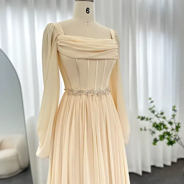 Sharon Said dubaï Beige robe de soirée courte avec ceinture manches longues thé longueur femmes robes