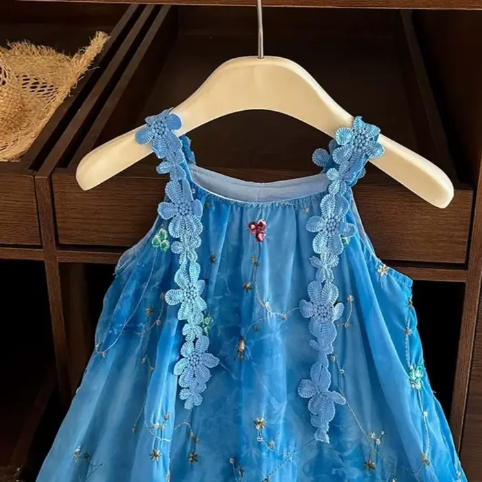 Robe-veste brodée de fleurs 3D, style vacances d'été au bord de la mer, bleu, pour filles, version coréenne, douce et mignonne