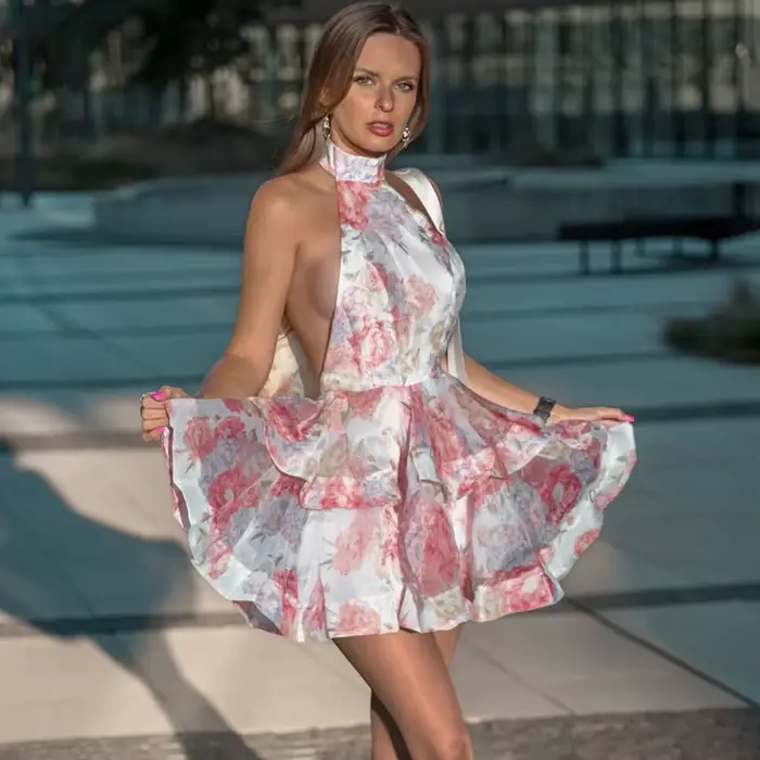 Robe Talenza à imprimé floral élégante pour femmes sans manches dos nu occasionnelle soirée club polyvalente