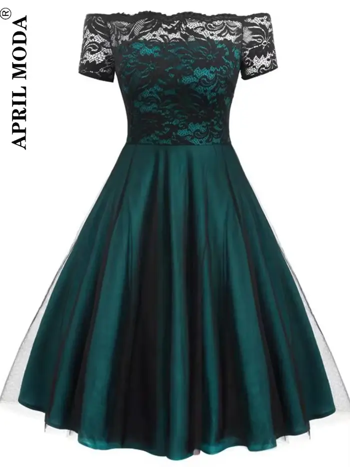 Femmes Vintage robe en dentelle formelle rouge noir vert Slash cou Tulle Midi Jurken Chic rétro gothique années 50 robes trapèze vêtements de fête