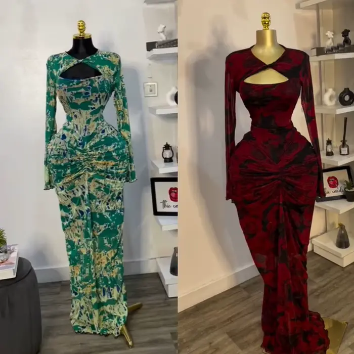 Automne 2025 femmes imprimé évider col en V manches longues moulante robe Maxi vacances Club fête nuit Sexy froncé