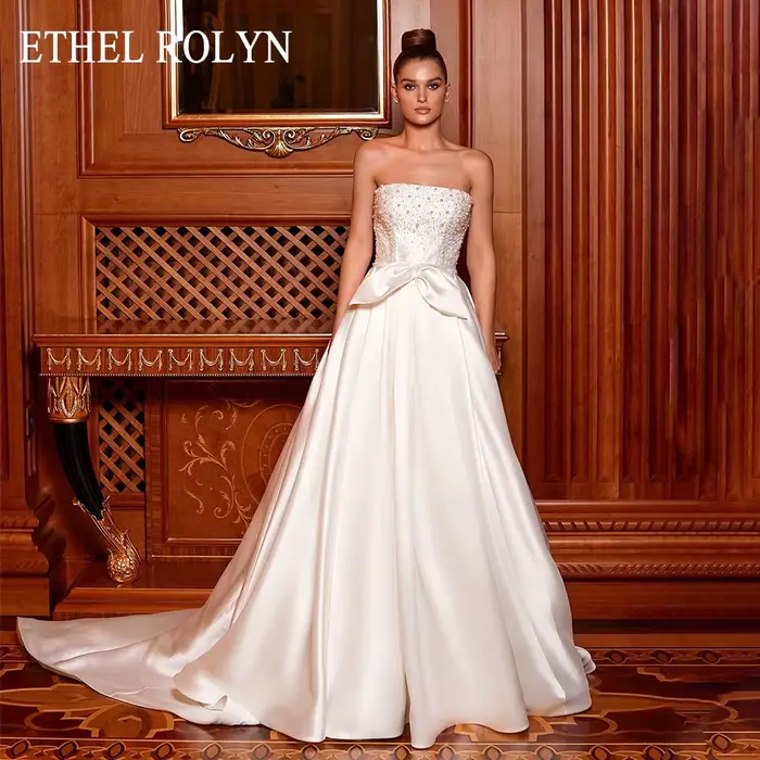 ETHEL ROLYN robe de mariée trapèze luxueuse perles de cristal sans bretelles Satin mariée dos nu san