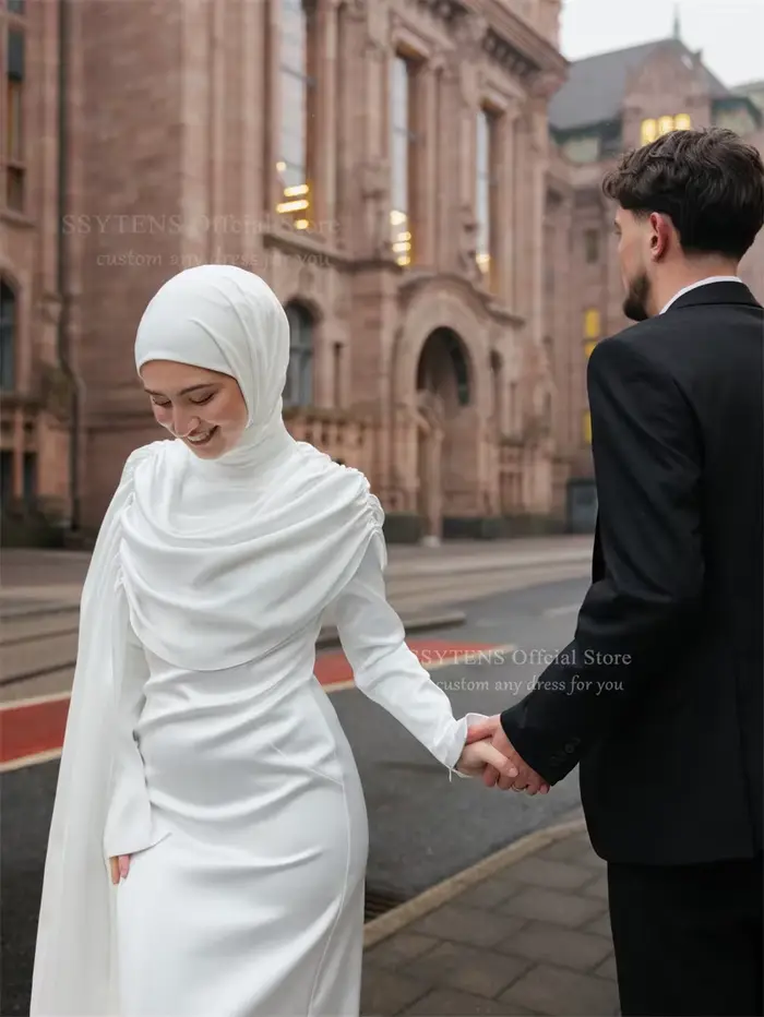 Robes de mariée musulmanes blanches modestes SSYTENS avec cape