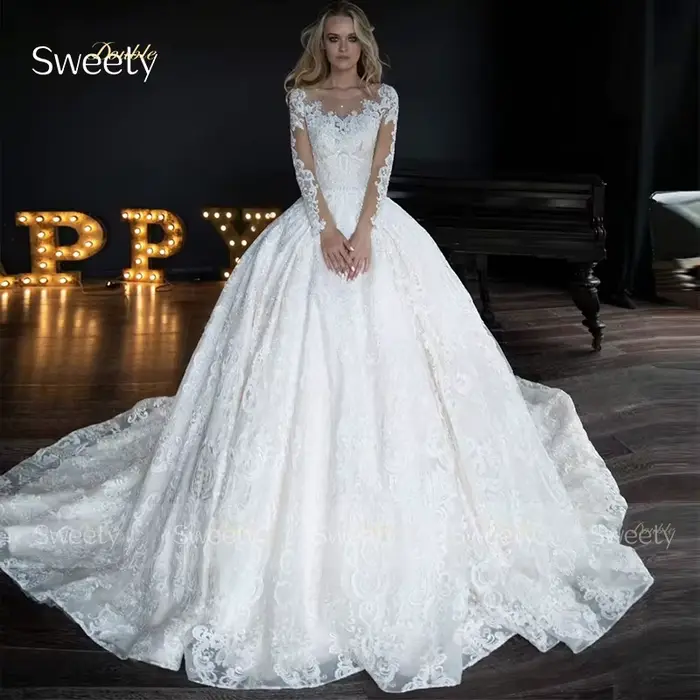 Robe de mariée à paillettes et dentelle brodée sur filet, robe de bal avec manches longues et col rond pour femmes, occasions spéciales et cérémonies