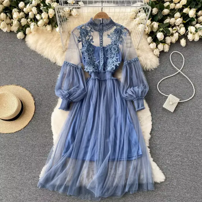 Robe longue en dentelle à fleurs et maille, manches lanternes, blanche, pour femmes, tenue de soirée