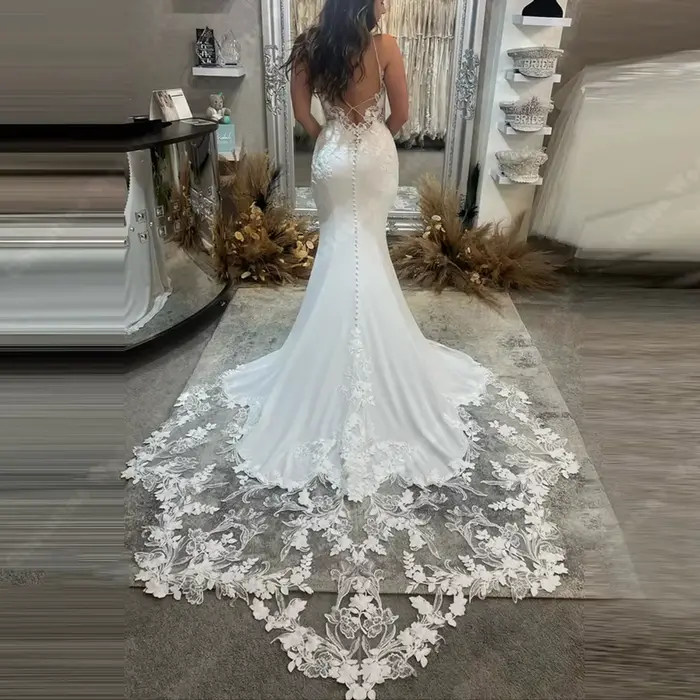 Femmes élégantes Robes De mariée Sexy col en v dentelle impression