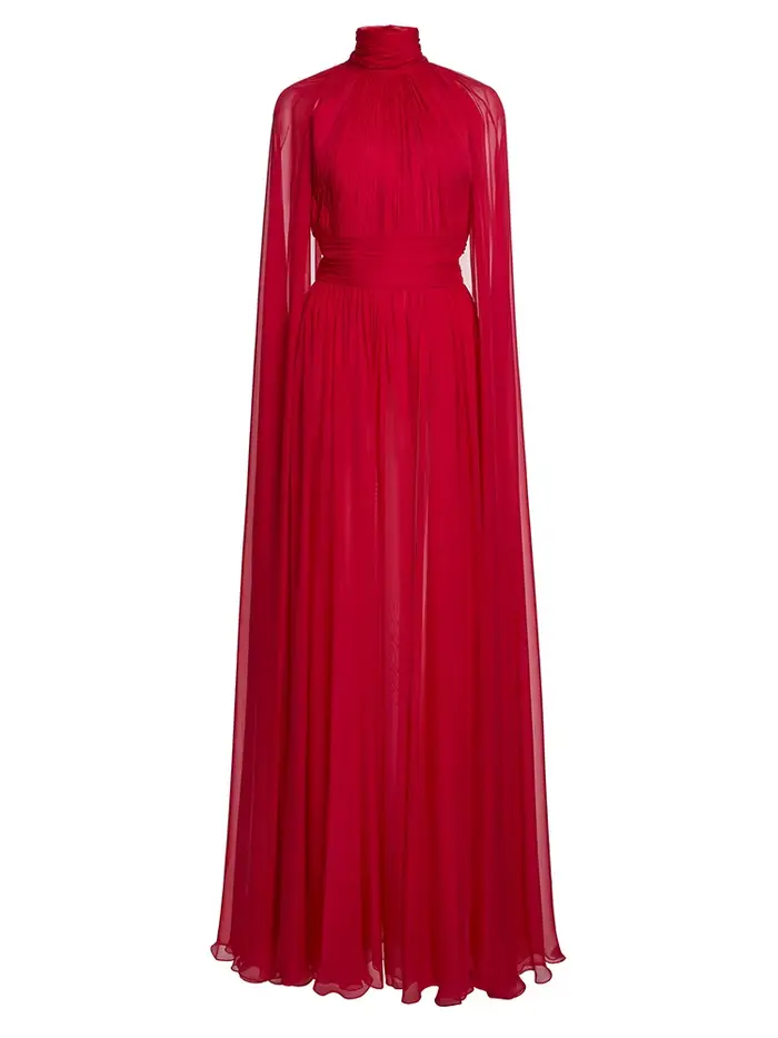 Robe de soirée rouge en mousseline de soie, col haut, manches Cape, robe Maxi plissée élégante pour 
