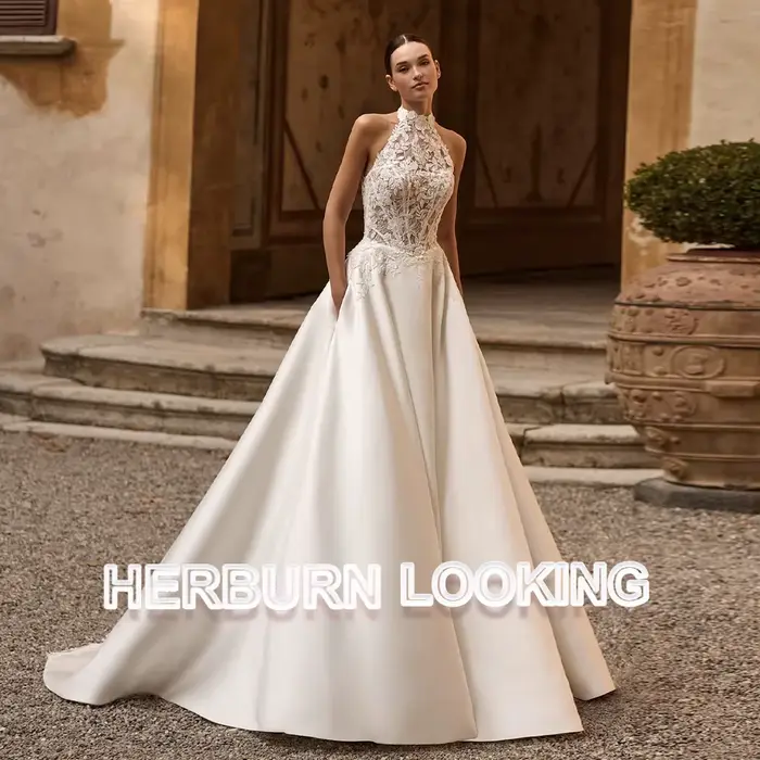 Robes de mariée modernes HERBURN pour femmes, avec appliques en dentelle, poches, perles, boutons, d
