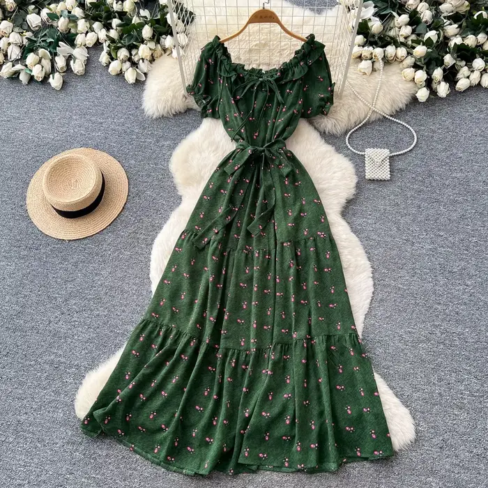 Robe longue femme coupe trapèze Y2K streetwear col rond manches courtes imprimée élégante pour soirée et travail taille ajustée été 2026