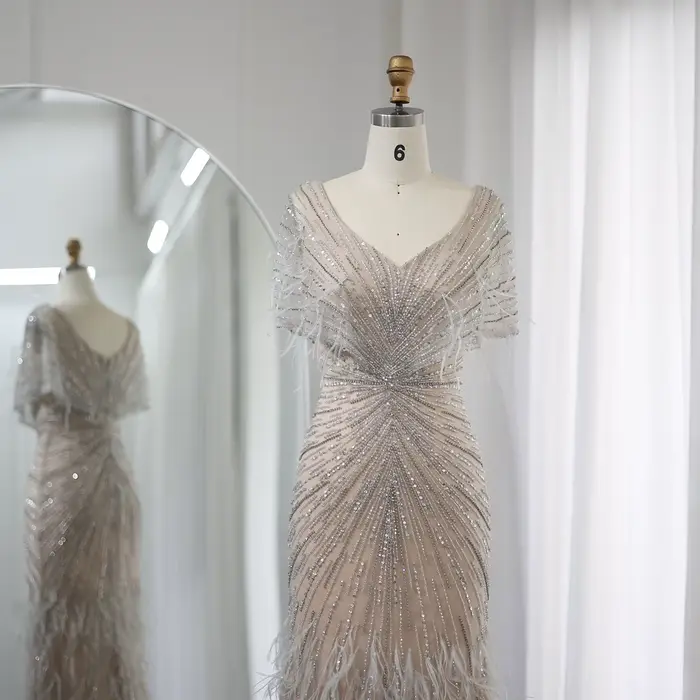 Sharon Said-Robe de Soirée Sirène Luxueuse en Plumes de Dubaï pour Femme, Tenue Personnalisée avec Manches Cape, pour ixde Mariage, SS210