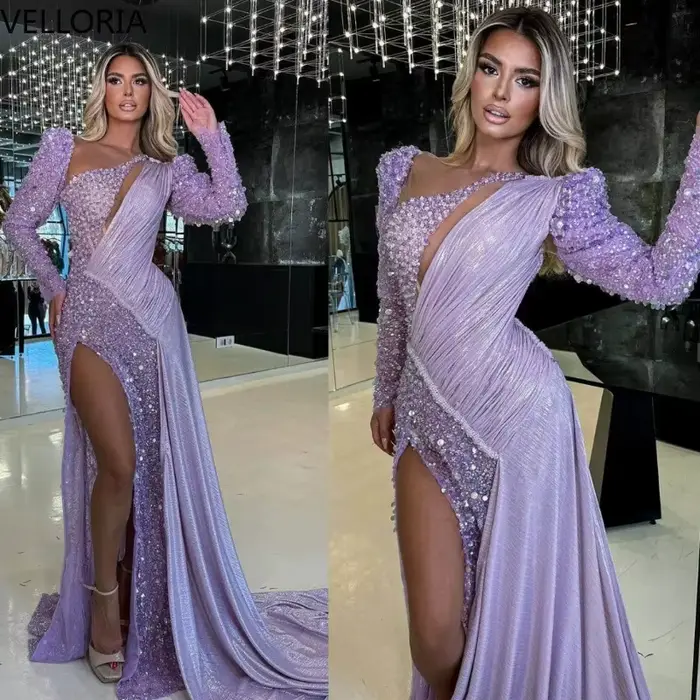 Robes de soirée de luxe en cristal perlé 2025 une manche haute fente sirène robes de bal asymétrique