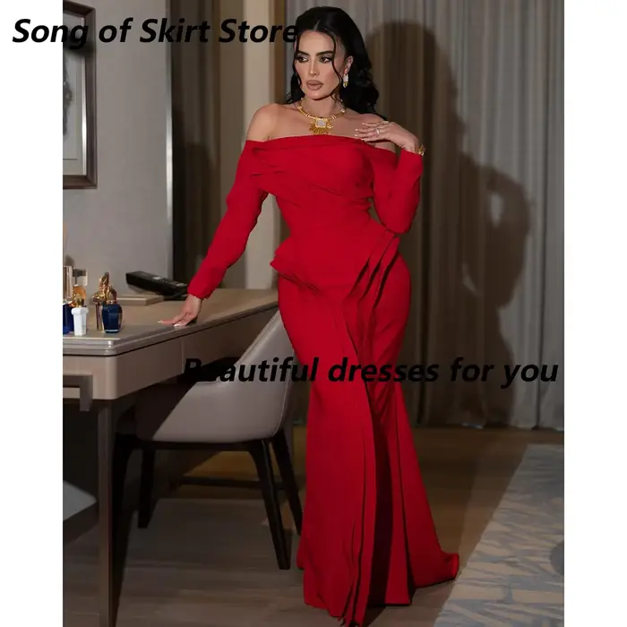 Robe de soirée rouge Sexy pour femmes, épaules dénudées, manches longues, longueur au sol, style sir