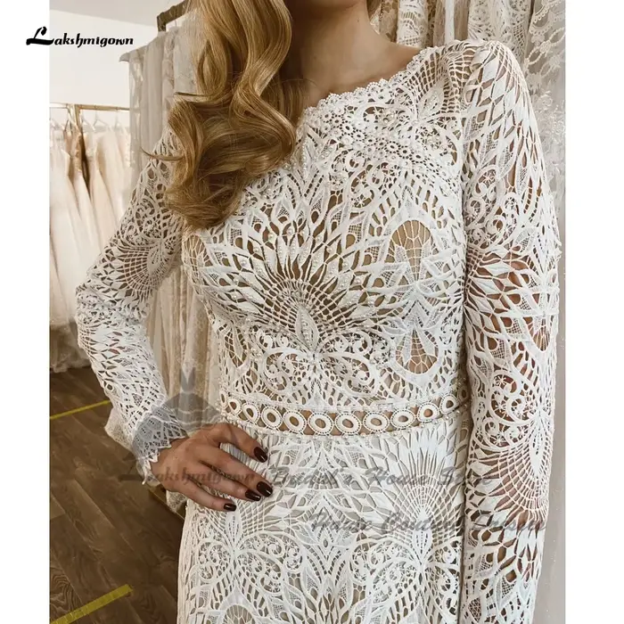 Yanshmigown-Robe de mariée sirène en dentelle bohème de luxe, manches longues, sexy, patients, mariage sur la plage, quelle que soit la robe personnalisée, 2024
