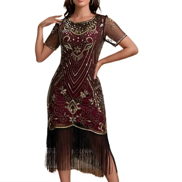Robe de soirée style Charleston des années 20, ornée de perles, de paillettes et de franges, pour cocktail ou fête