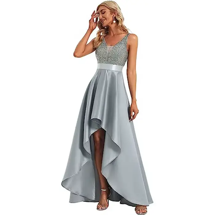Robe dorée col en V asymétrique à plissé pour soirées officielles femmes occasions spéciales