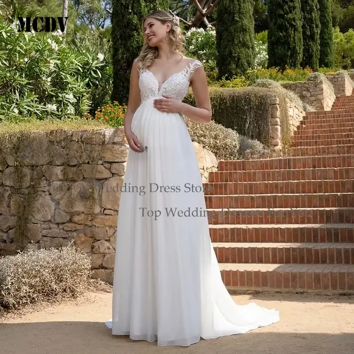 Embarazada novia vestido de novia aplicado encaje sin espalda cuello en V imperio gorra de gasa mang
