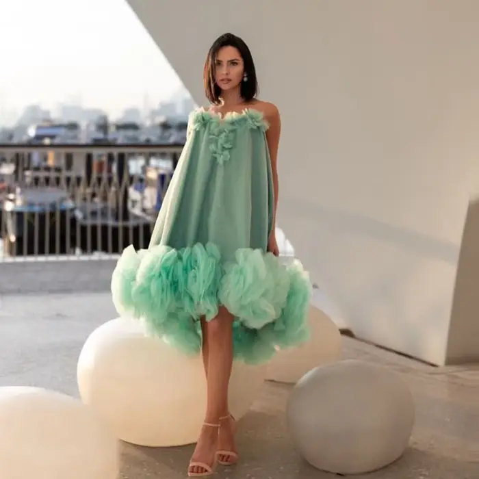 Robe de soirée courte vert menthe avec volants en cascade pour femmes, idéale pour les fêtes, anniversaires, occasions formelles ou la plage