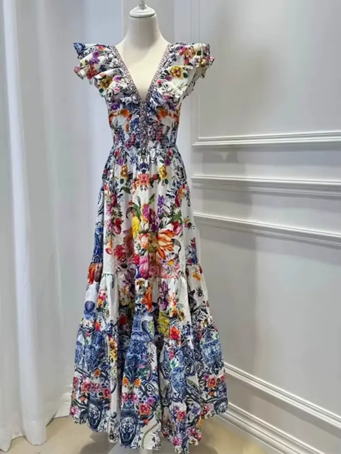 Robe rétro sexy à col en V profond pour femmes, manches volantes imprimées, jupe haute, pour printemps été, occasions spéciales et événements formels