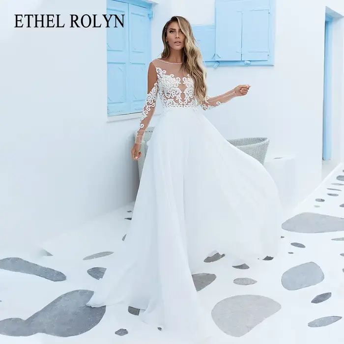 ETHEL ROLYN robe de mariée trapèze Chic perles Appliques à manches longues mariée Illusion Scoop flu