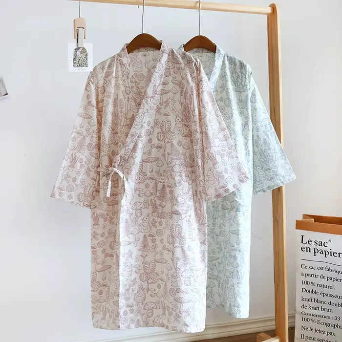 Robe Kimono Japonaise Imprimée Forêt de Champignons 100% Coton Femmes Taille M L Occasions Spéciales Printemps Été