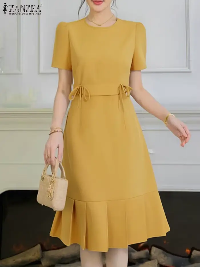 ZANZEA femmes robes de soirée été à manches courtes coréen genou longueur Robe d'été 2025 mode plissée couleur unie