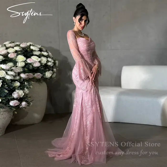 SSYTENS saoudien luxe rose robes de soirée sirène pleine dentelle robes de bal de mariage Formais El