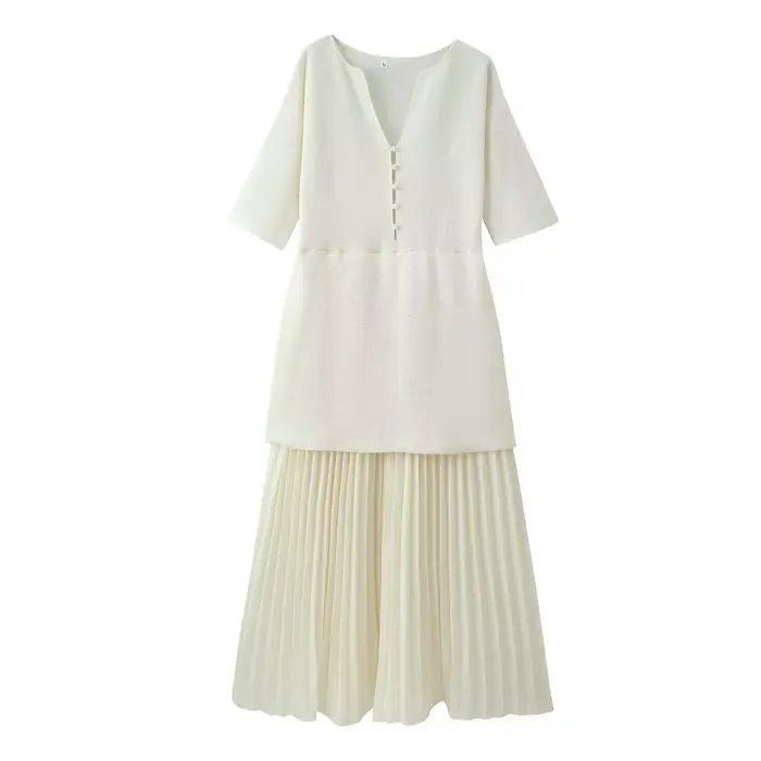 Robe plissée tricotée à manches courtes et col en V sexy, style vacances à la française, nouvelle mo
