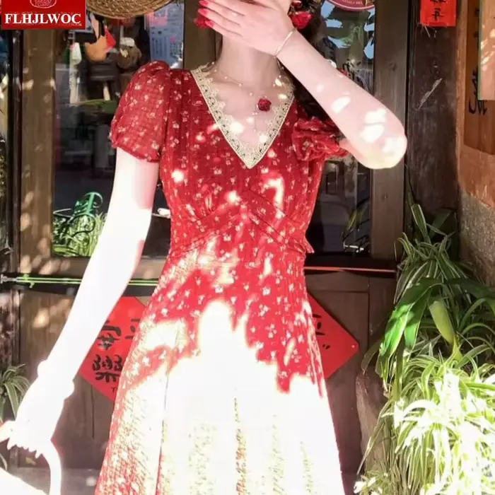 Robe longue maxi vintage à imprimé floral pour femmes, coupée trapèze, taille à lacets, col en V, pour Nouvel An et autres occasions spéciales