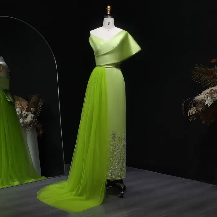 Robe Sharon Said en polyester vert sauge pour soirée officielle avec surjupe, décolleté d'une épaule, perles et plissé, tenue de mariage personnalisée pour femmes de tous âges