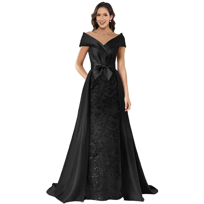 Robes mère de la mariée personnalisées à épaules dénudées pour femmes, longue robe d'invité de mariage formelle à paillettes en Satin avec nœud de Train