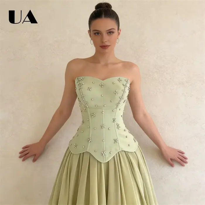 Robe de bal sans bretelles en satin vert sauge pour femmes corsage corset orné cape détachable soirée mousseline de soie occasions spéciales