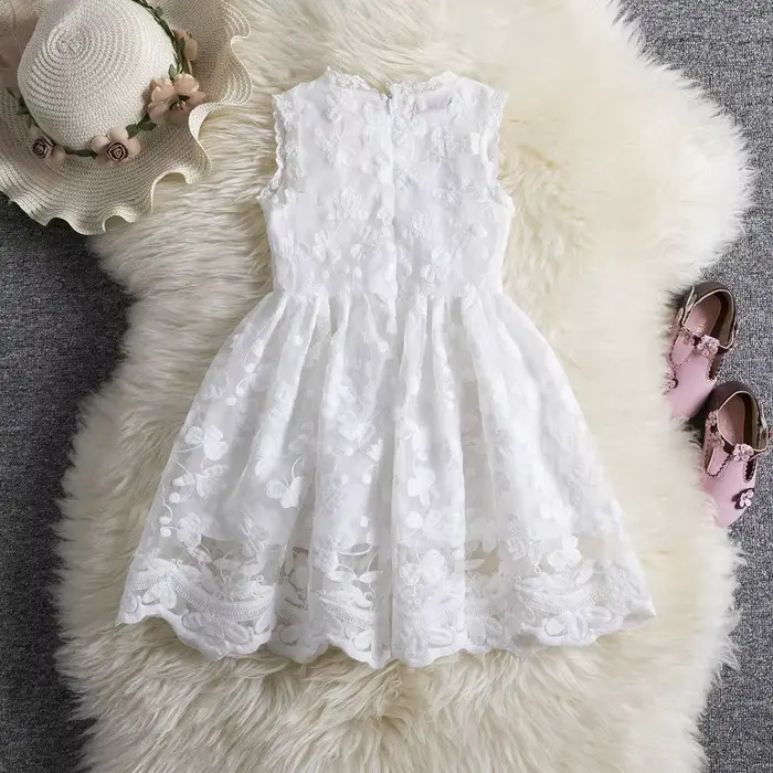 Robe blanche d'été pour filles tenue de princesse en dentelle brodée de fleurs pour enfants de 3 à 8 ans fêtes d'anniversaire vacances