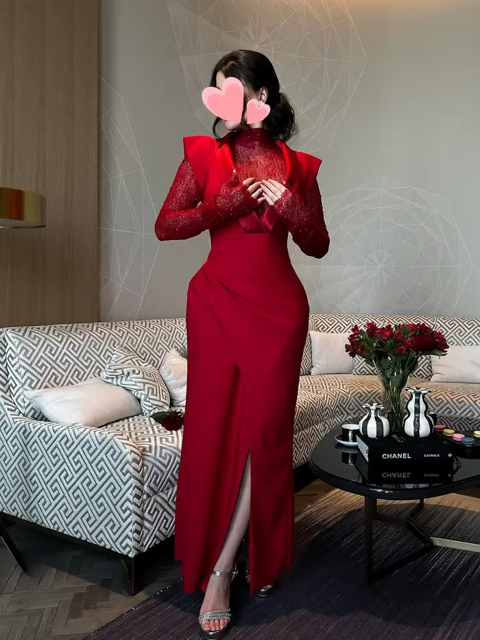 Oisslec robe élégante Vintage doux Sexy rouge dentelle brillant fente élégant personnaliser Occasion formelle