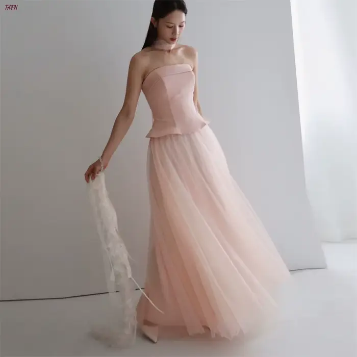 Robe de soirée élégante en tulle rose coréen TAFN, sans bretelles, coupe trapèze, pour séance photo