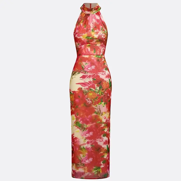 Robe d'été pour femme à imprimé floral rouge
