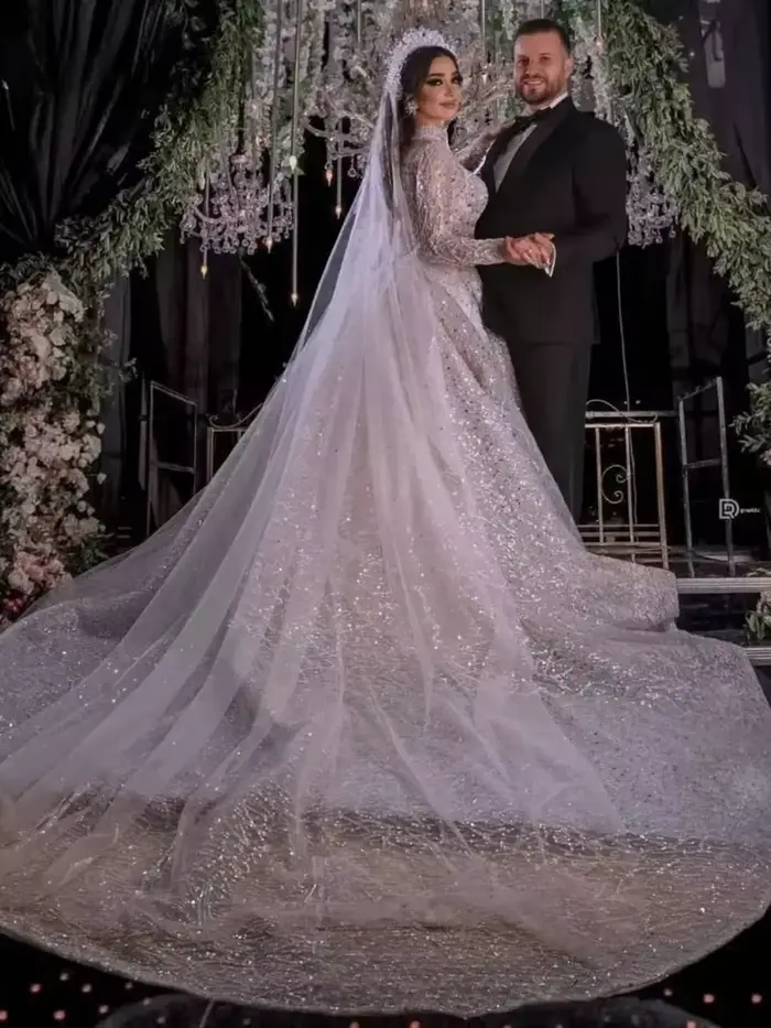 Robes De mariée élégantes personnalisées princesse manches pailletées col haut Tulle Appliques dentelle