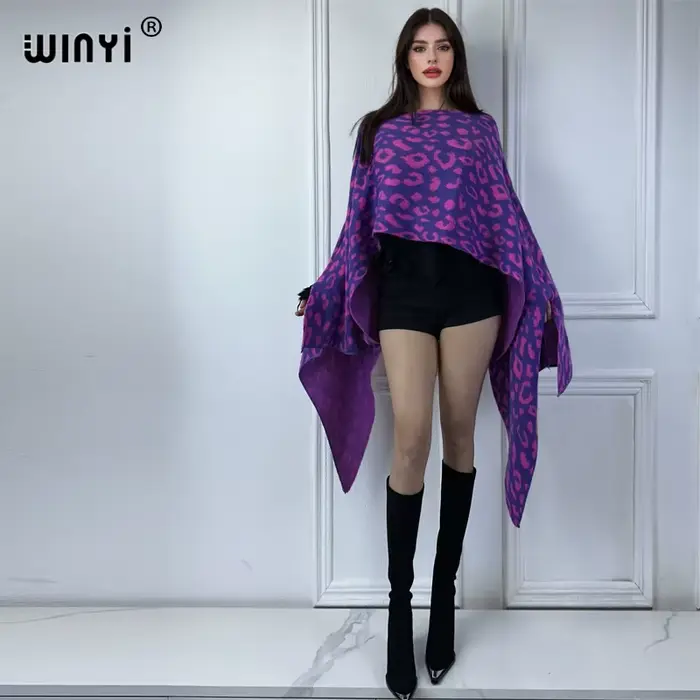 WINYI-Robe chaude bohème pour femme, vêtements de vacances, cape irrégulière, imprimé léopard, ponchos élégants, hiver, 550