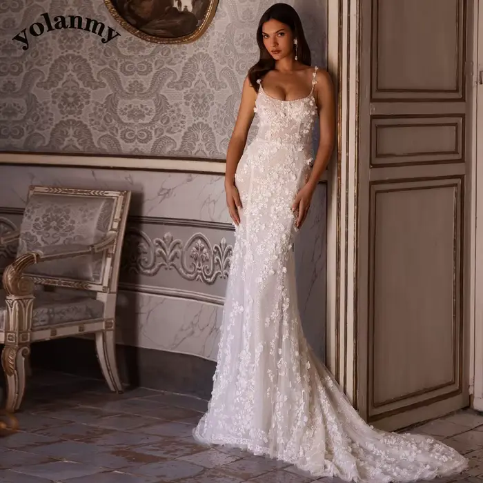 YOLANMY-Robes de mariée sirène pour femmes, bretelles spaghetti, poignées, train amovible, appliques